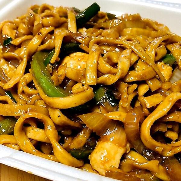 Hand-pulled noodles Hand pulled noodles with vegetables and sauce from Là Authentic Chinese Food